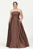 Strapless Satin A Line Princess Dress Rhinestone Ruched Formal Evening Prom Party Dresses