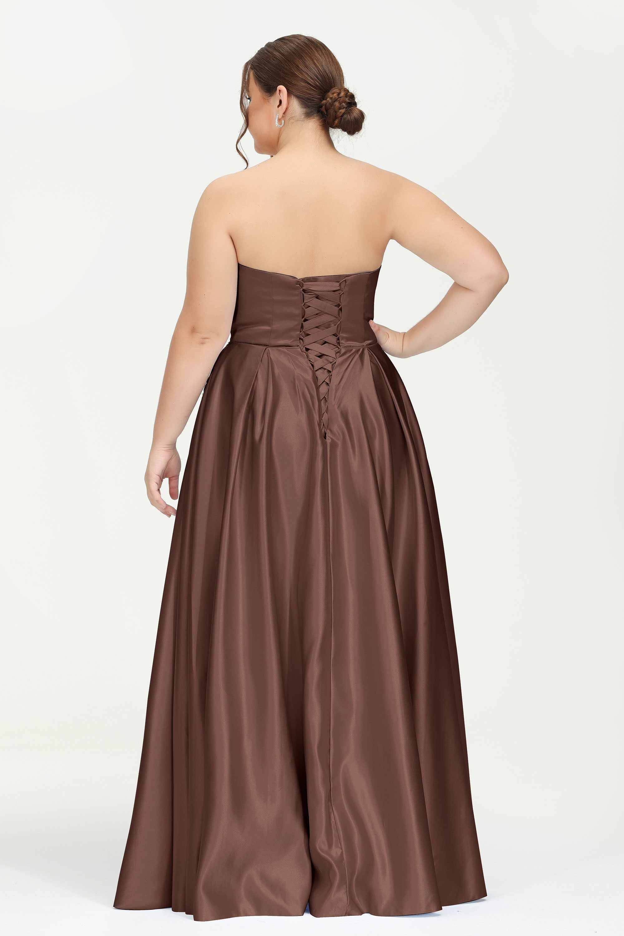 Strapless Satin A Line Princess Dress Rhinestone Ruched Formal Evening Prom Party Dresses