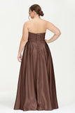 Strapless Satin A Line Princess Dress Rhinestone Ruched Formal Evening Prom Party Dresses