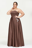 Strapless Satin A Line Princess Dress Rhinestone Ruched Formal Evening Prom Party Dresses