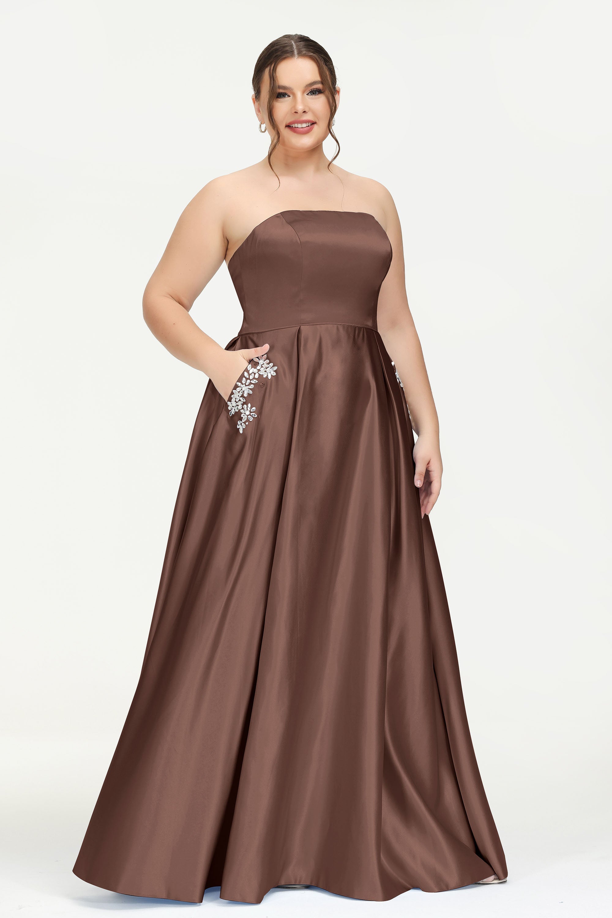Strapless Satin A Line Princess Dress Rhinestone Ruched Formal Evening Prom Party Dresses