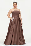 Strapless Satin A Line Princess Dress Rhinestone Ruched Formal Evening Prom Party Dresses