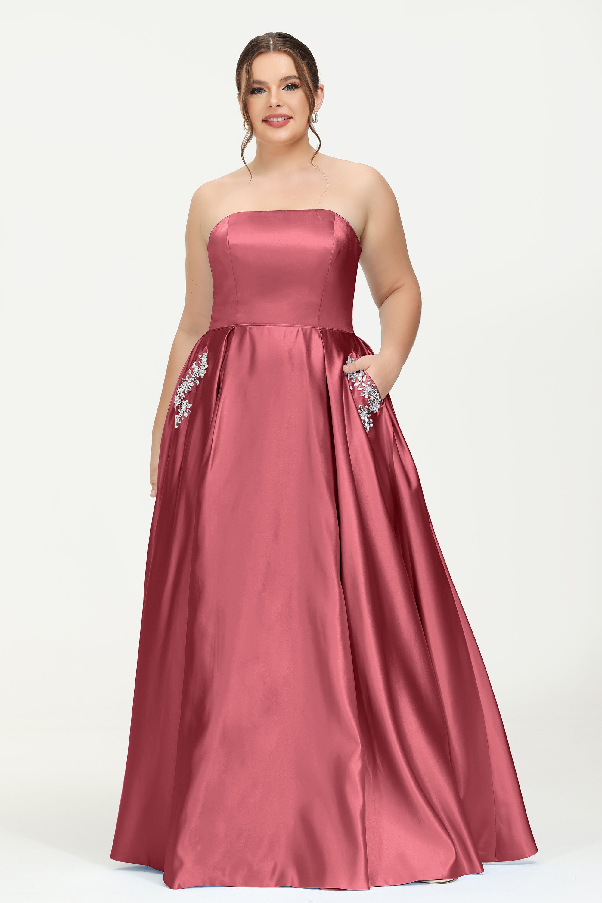 Strapless Satin A Line Princess Dress Rhinestone Ruched Formal Evening Prom Party Dresses