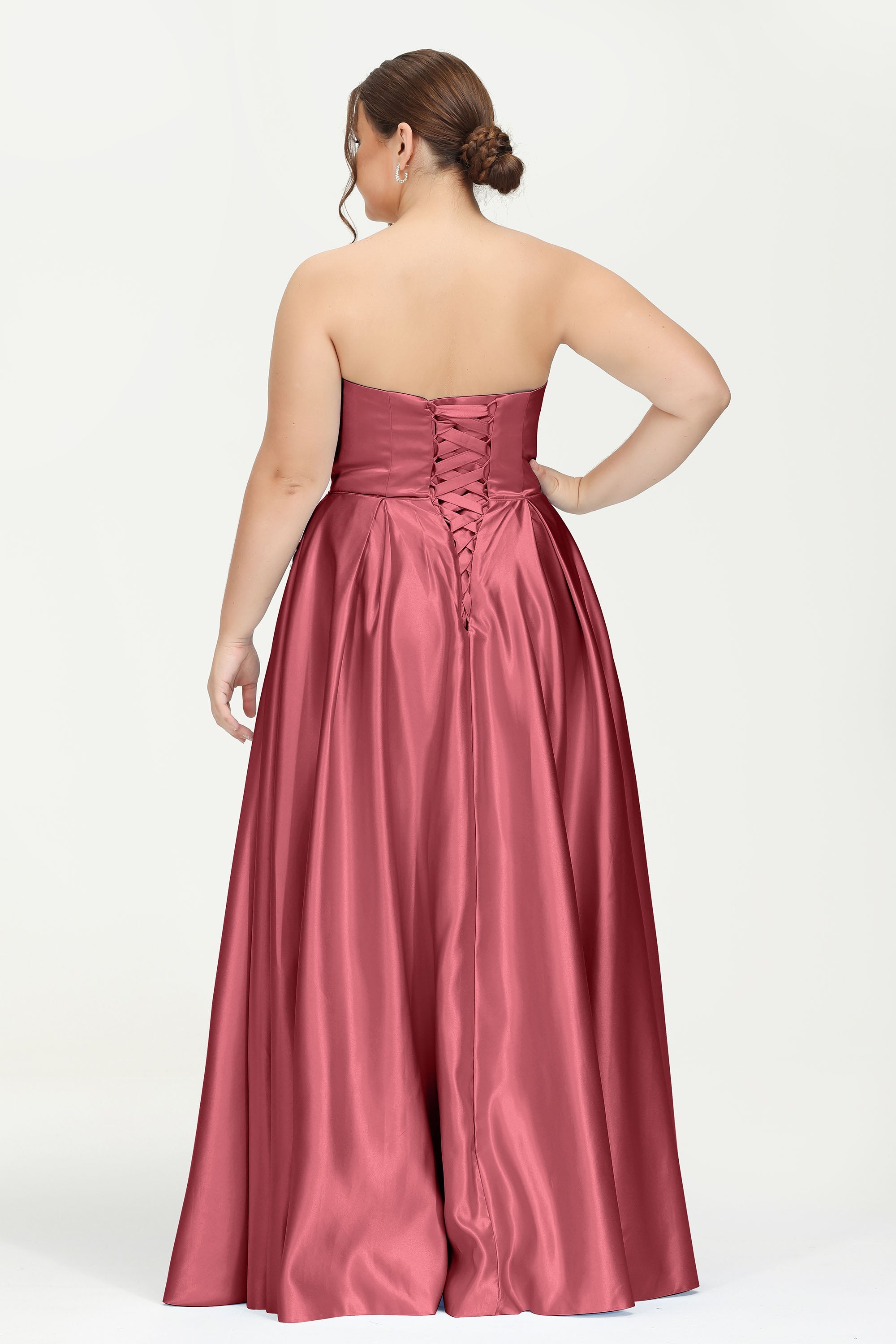 Strapless Satin A Line Princess Dress Rhinestone Ruched Formal Evening Prom Party Dresses