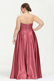 Strapless Satin A Line Princess Dress Rhinestone Ruched Formal Evening Prom Party Dresses