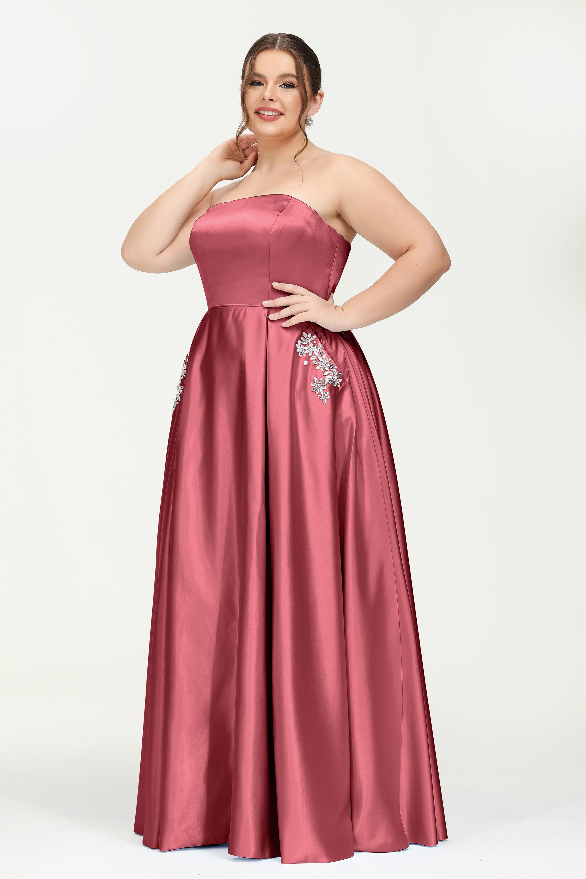 Strapless Satin A Line Princess Dress Rhinestone Ruched Formal Evening Prom Party Dresses