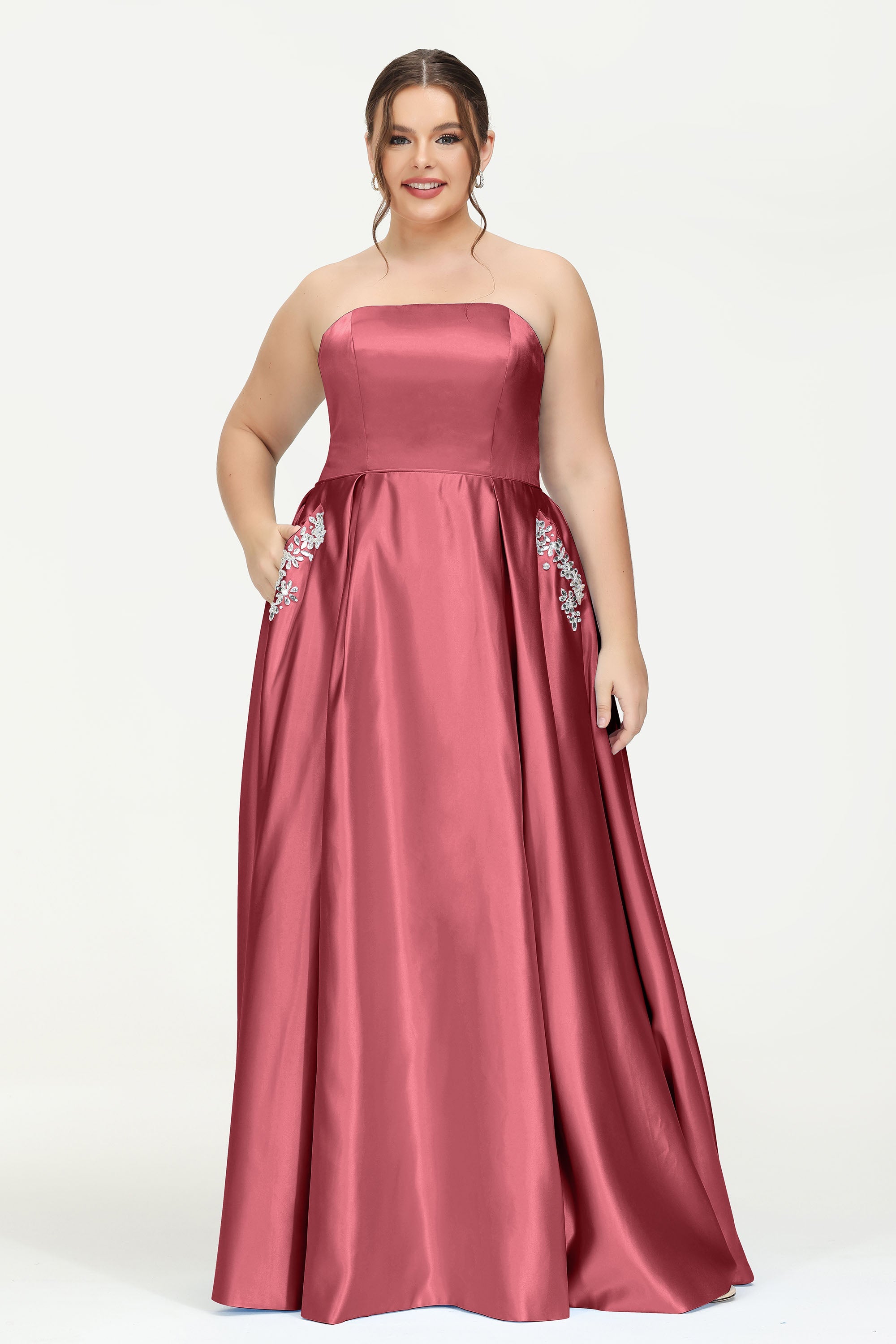 Strapless Satin A Line Princess Dress Rhinestone Ruched Formal Evening Prom Party Dresses