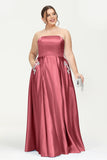 Strapless Satin A Line Princess Dress Rhinestone Ruched Formal Evening Prom Party Dresses