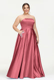 Strapless Satin A Line Princess Dress Rhinestone Ruched Formal Evening Prom Party Dresses