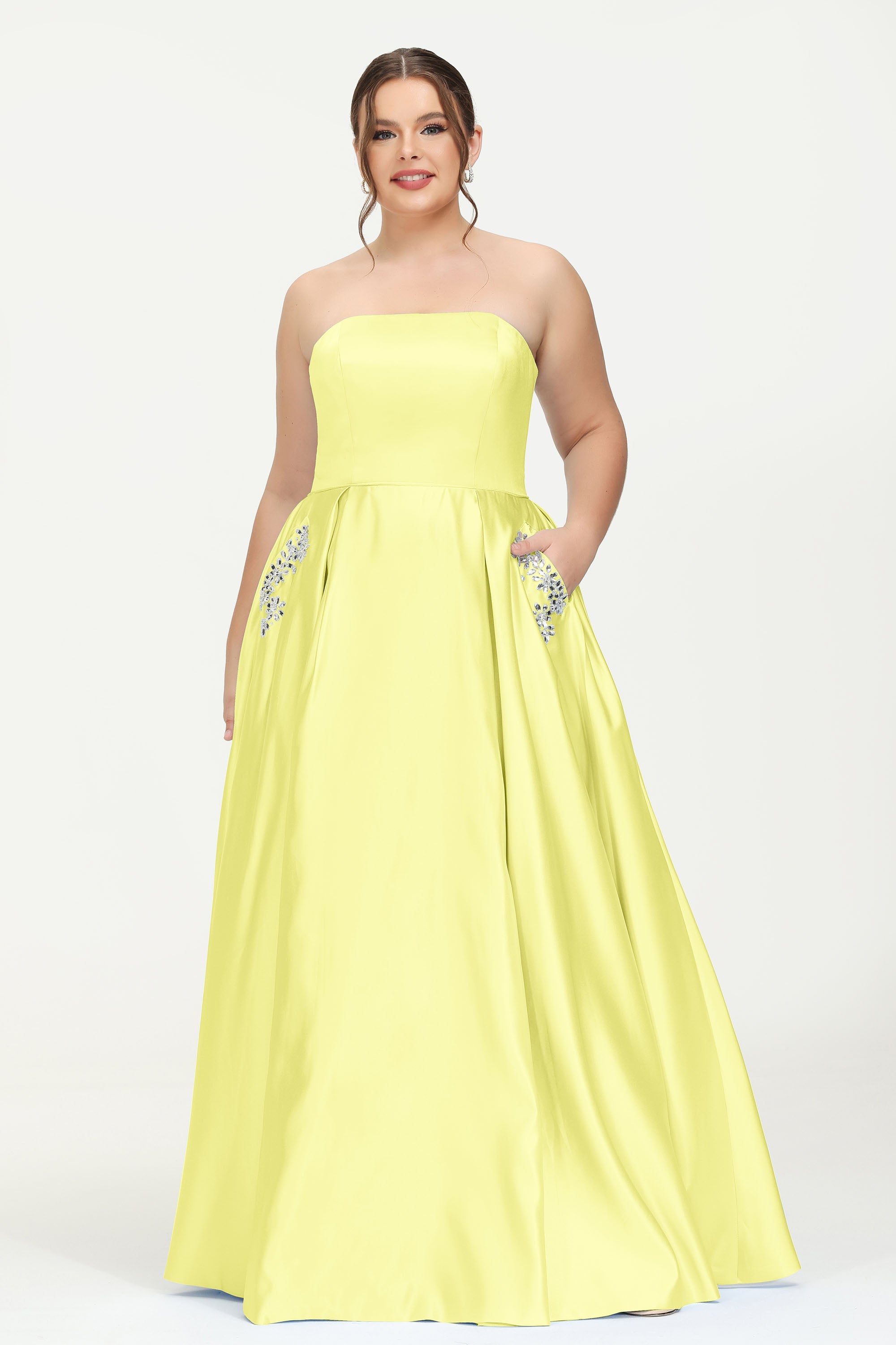 Strapless Satin A Line Princess Dress Rhinestone Ruched Formal Evening Prom Party Dresses