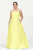 Strapless Satin A Line Princess Dress Rhinestone Ruched Formal Evening Prom Party Dresses