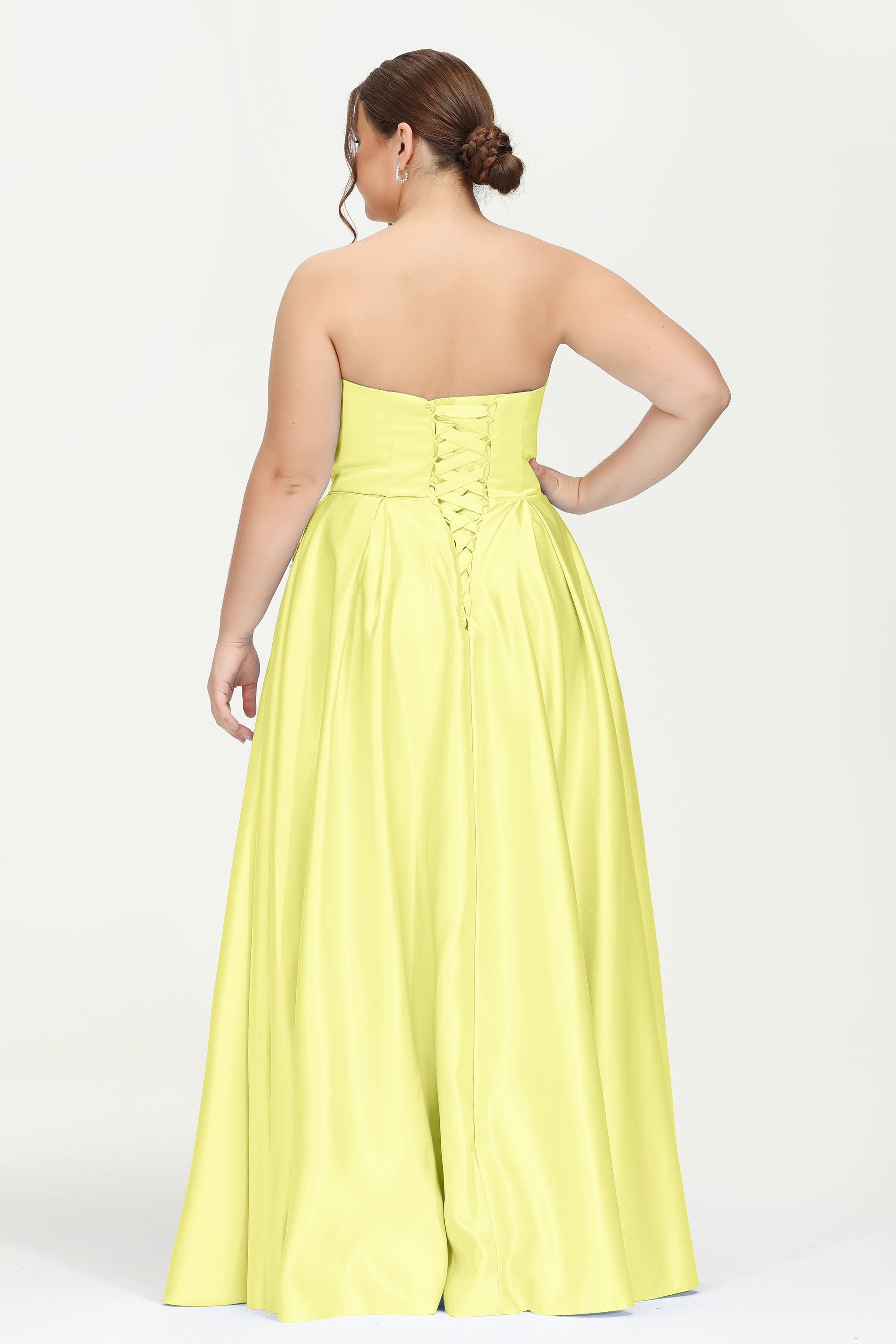 Strapless Satin A Line Princess Dress Rhinestone Ruched Formal Evening Prom Party Dresses