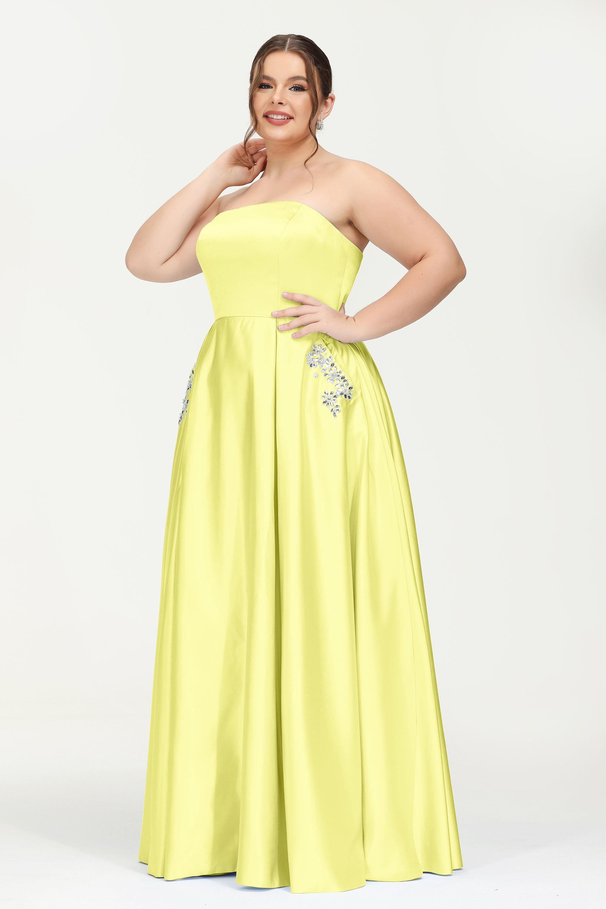 Strapless Satin A Line Princess Dress Rhinestone Ruched Formal Evening Prom Party Dresses