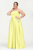 Strapless Satin A Line Princess Dress Rhinestone Ruched Formal Evening Prom Party Dresses