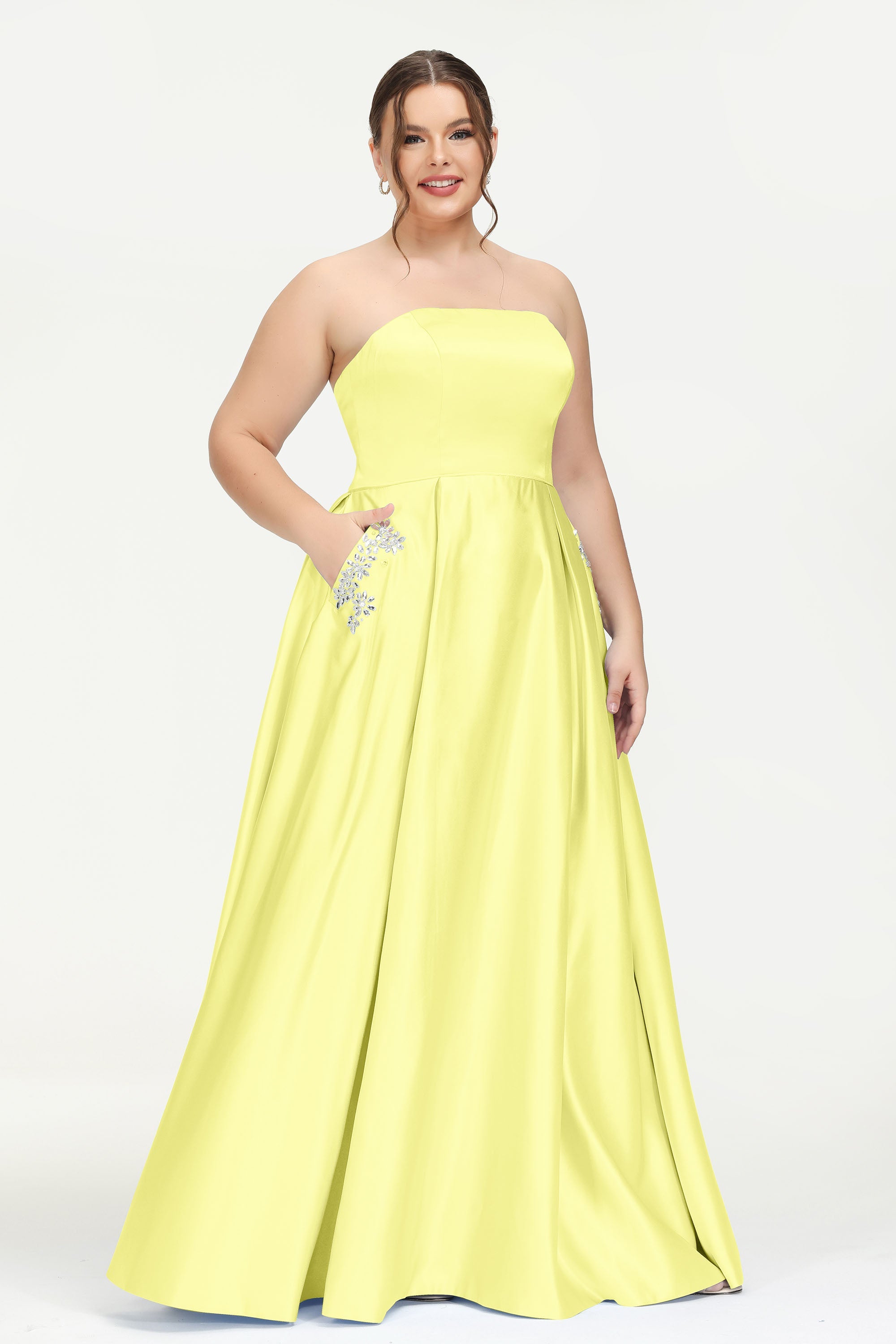 Strapless Satin A Line Princess Dress Rhinestone Ruched Formal Evening Prom Party Dresses