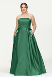 Strapless Satin A Line Princess Dress Rhinestone Ruched Formal Evening Prom Party Dresses