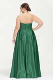 Strapless Satin A Line Princess Dress Rhinestone Ruched Formal Evening Prom Party Dresses