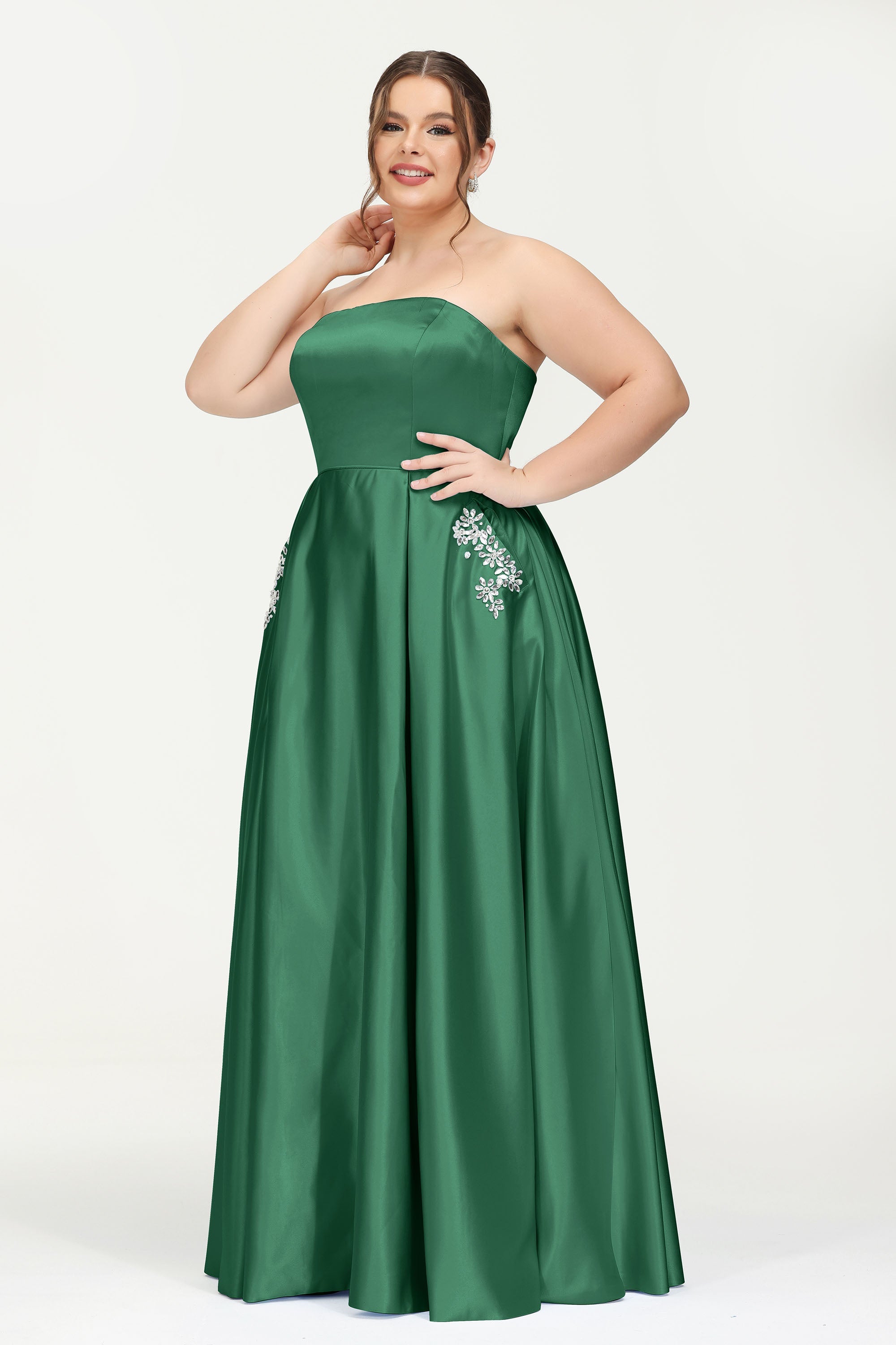 Strapless Satin A Line Princess Dress Rhinestone Ruched Formal Evening Prom Party Dresses
