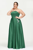 Strapless Satin A Line Princess Dress Rhinestone Ruched Formal Evening Prom Party Dresses