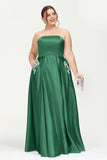 Strapless Satin A Line Princess Dress Rhinestone Ruched Formal Evening Prom Party Dresses