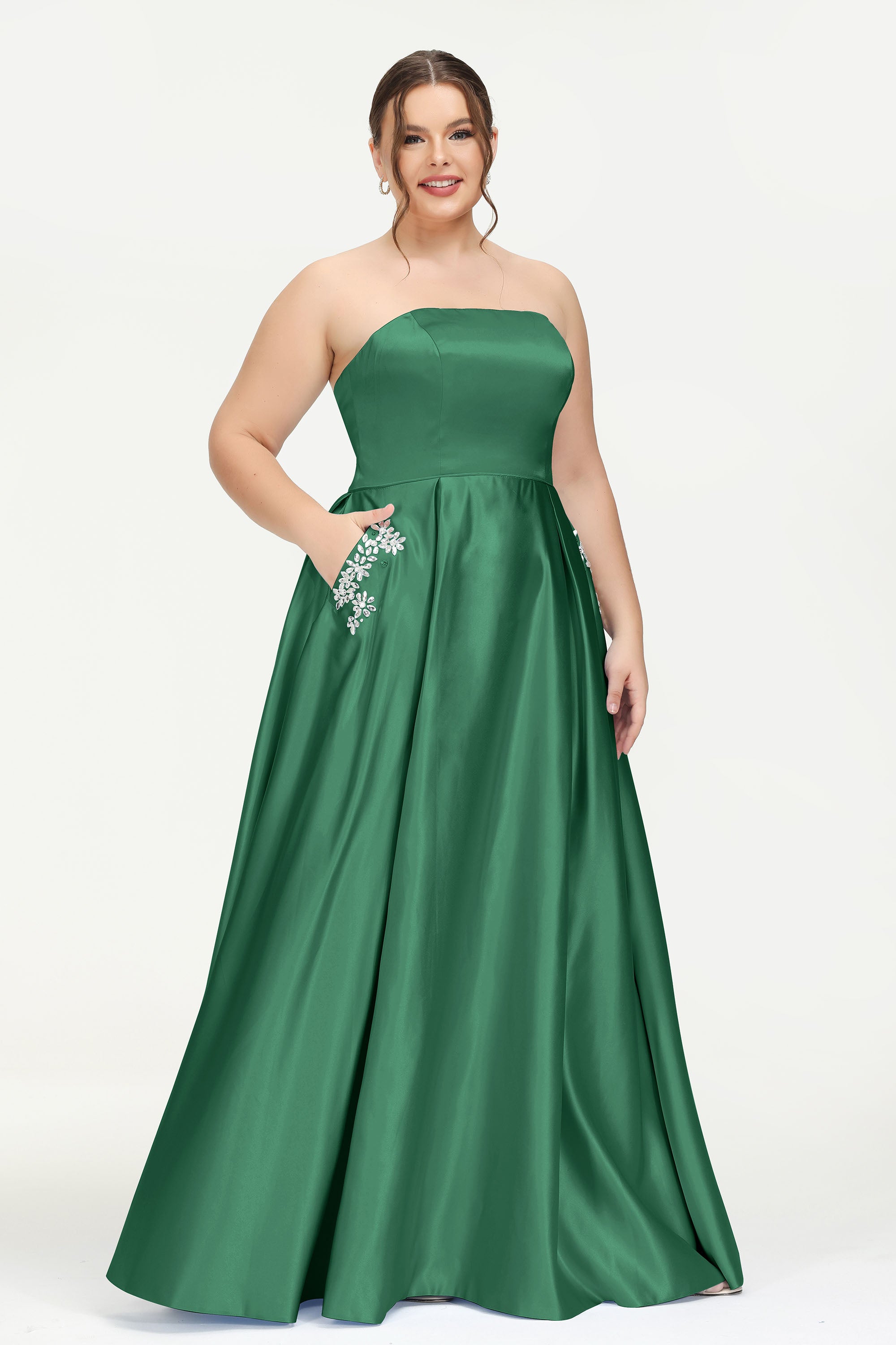 Strapless Satin A Line Princess Dress Rhinestone Ruched Formal Evening Prom Party Dresses