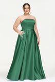 Strapless Satin A Line Princess Dress Rhinestone Ruched Formal Evening Prom Party Dresses
