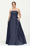 Strapless Satin A Line Princess Dress Rhinestone Ruched Formal Evening Prom Party Dresses