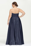 Strapless Satin A Line Princess Dress Rhinestone Ruched Formal Evening Prom Party Dresses