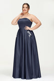 Strapless Satin A Line Princess Dress Rhinestone Ruched Formal Evening Prom Party Dresses