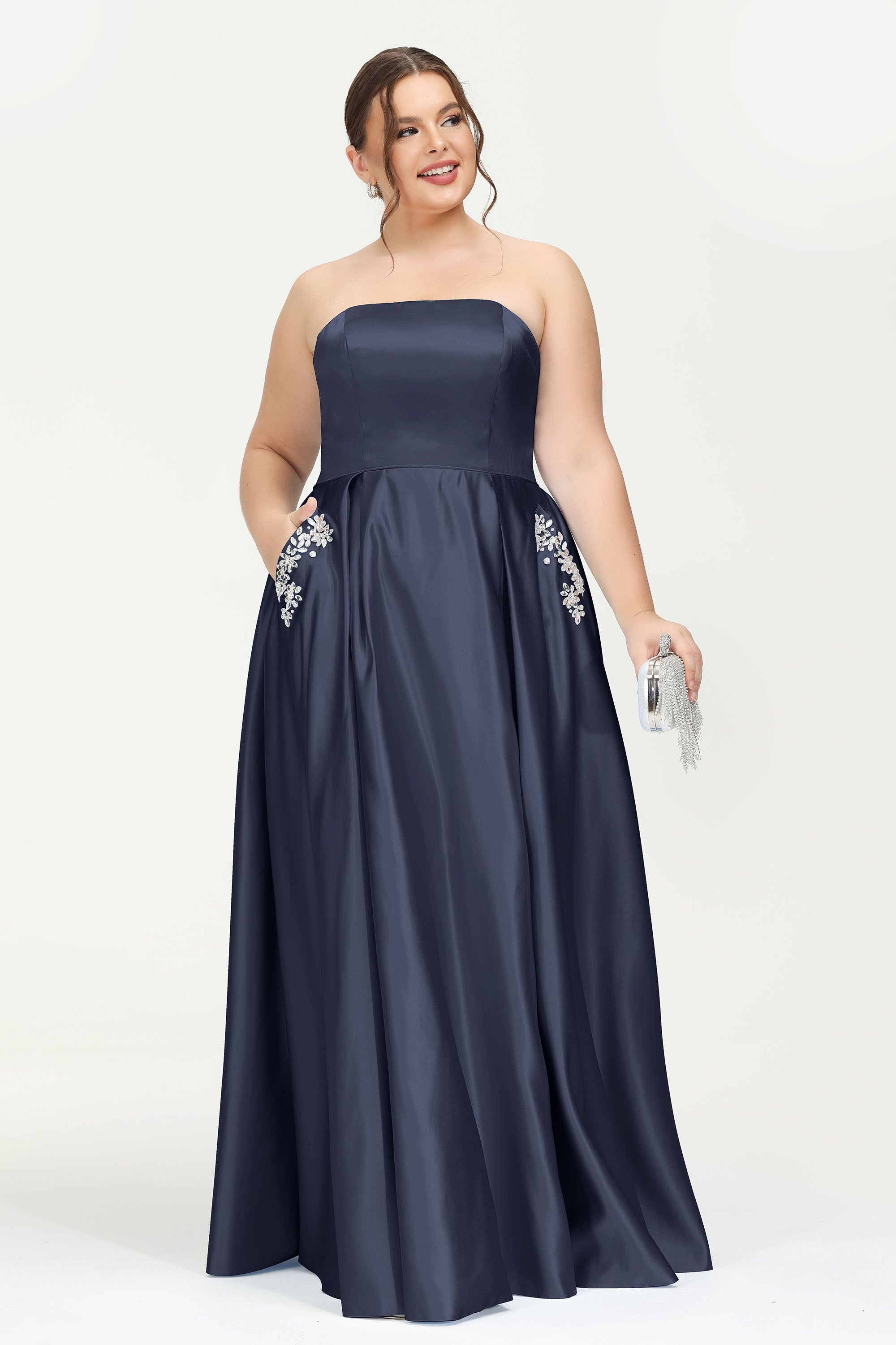 Strapless Satin A Line Princess Dress Rhinestone Ruched Formal Evening Prom Party Dresses