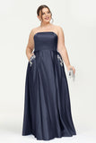 Strapless Satin A Line Princess Dress Rhinestone Ruched Formal Evening Prom Party Dresses