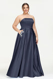 Strapless Satin A Line Princess Dress Rhinestone Ruched Formal Evening Prom Party Dresses