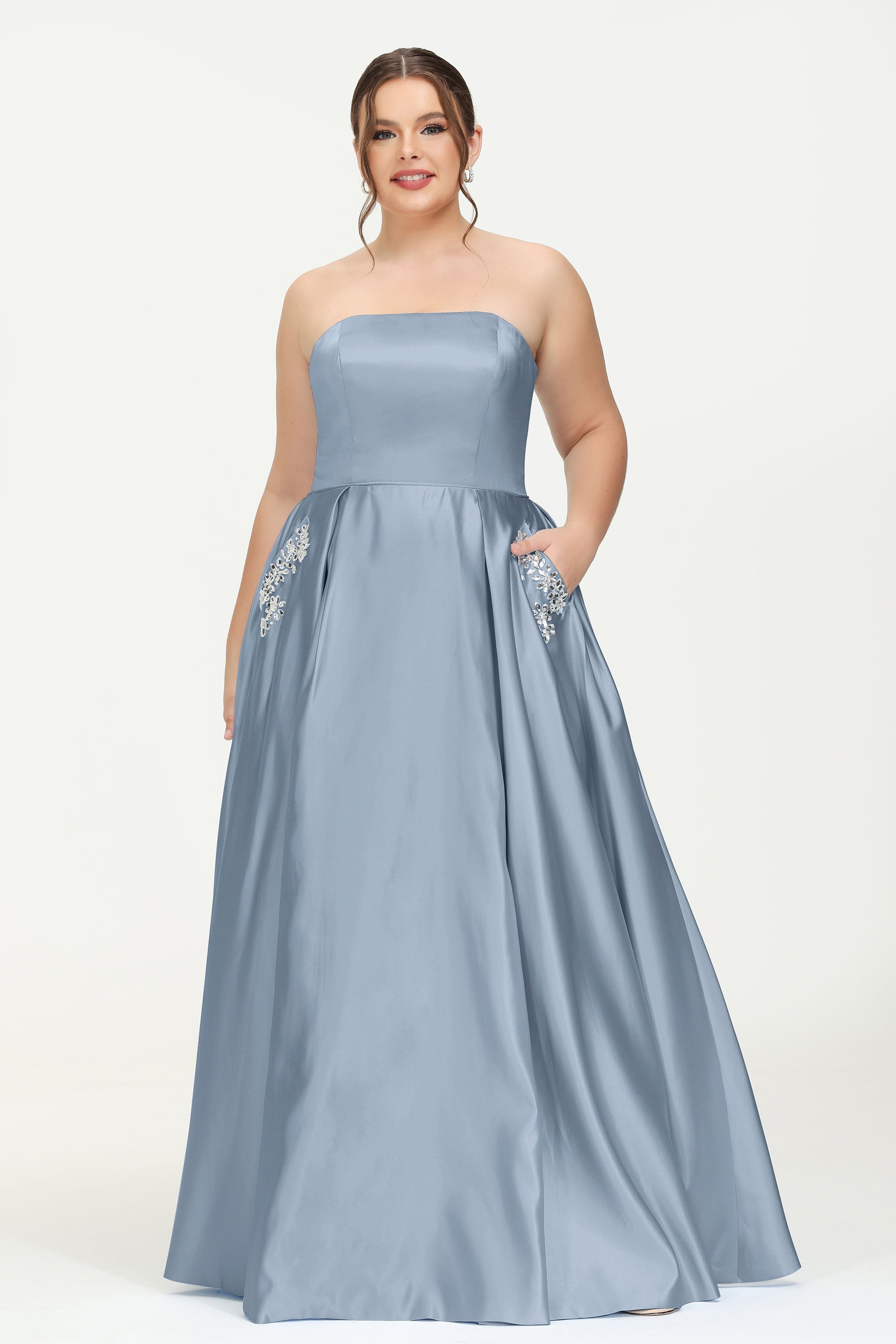 Strapless Satin A Line Princess Dress Rhinestone Ruched Formal Evening Prom Party Dresses