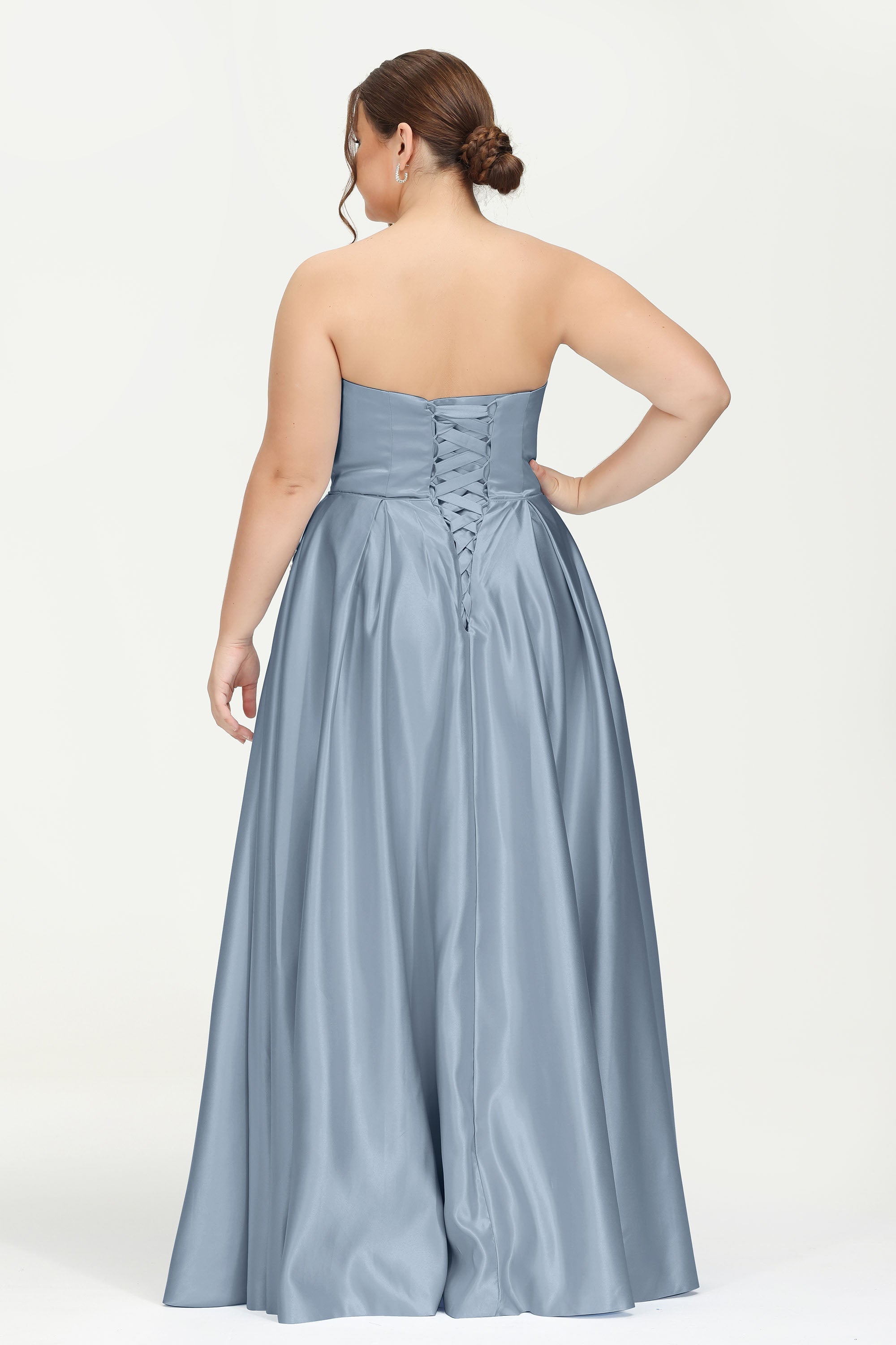 Strapless Satin A Line Princess Dress Rhinestone Ruched Formal Evening Prom Party Dresses