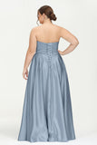 Strapless Satin A Line Princess Dress Rhinestone Ruched Formal Evening Prom Party Dresses