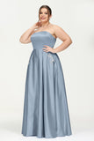 Strapless Satin A Line Princess Dress Rhinestone Ruched Formal Evening Prom Party Dresses