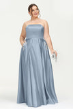 Strapless Satin A Line Princess Dress Rhinestone Ruched Formal Evening Prom Party Dresses