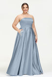 Strapless Satin A Line Princess Dress Rhinestone Ruched Formal Evening Prom Party Dresses