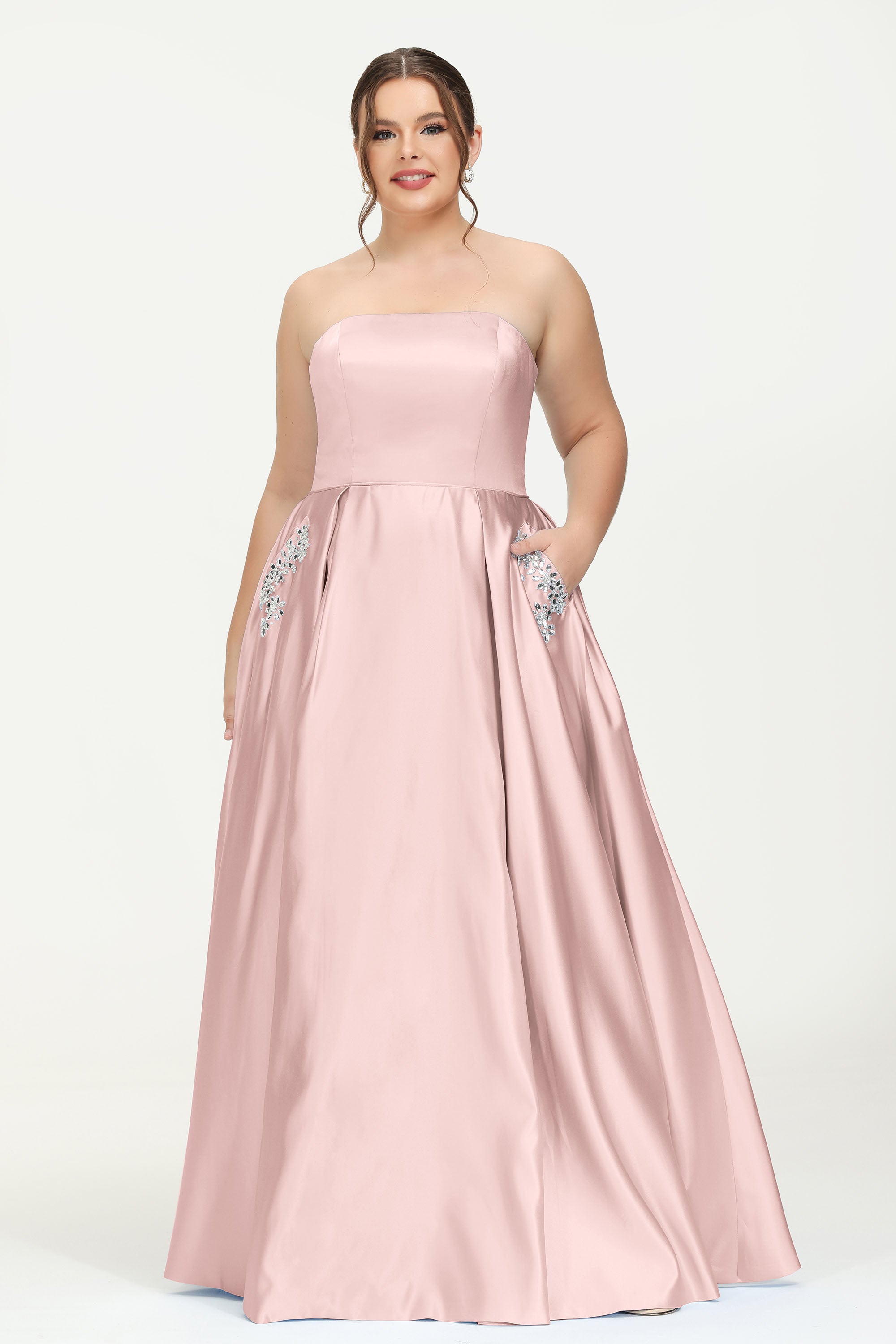 Strapless Satin A Line Princess Dress Rhinestone Ruched Formal Evening Prom Party Dresses