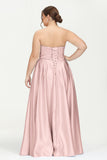 Strapless Satin A Line Princess Dress Rhinestone Ruched Formal Evening Prom Party Dresses