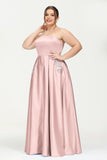 Strapless Satin A Line Princess Dress Rhinestone Ruched Formal Evening Prom Party Dresses
