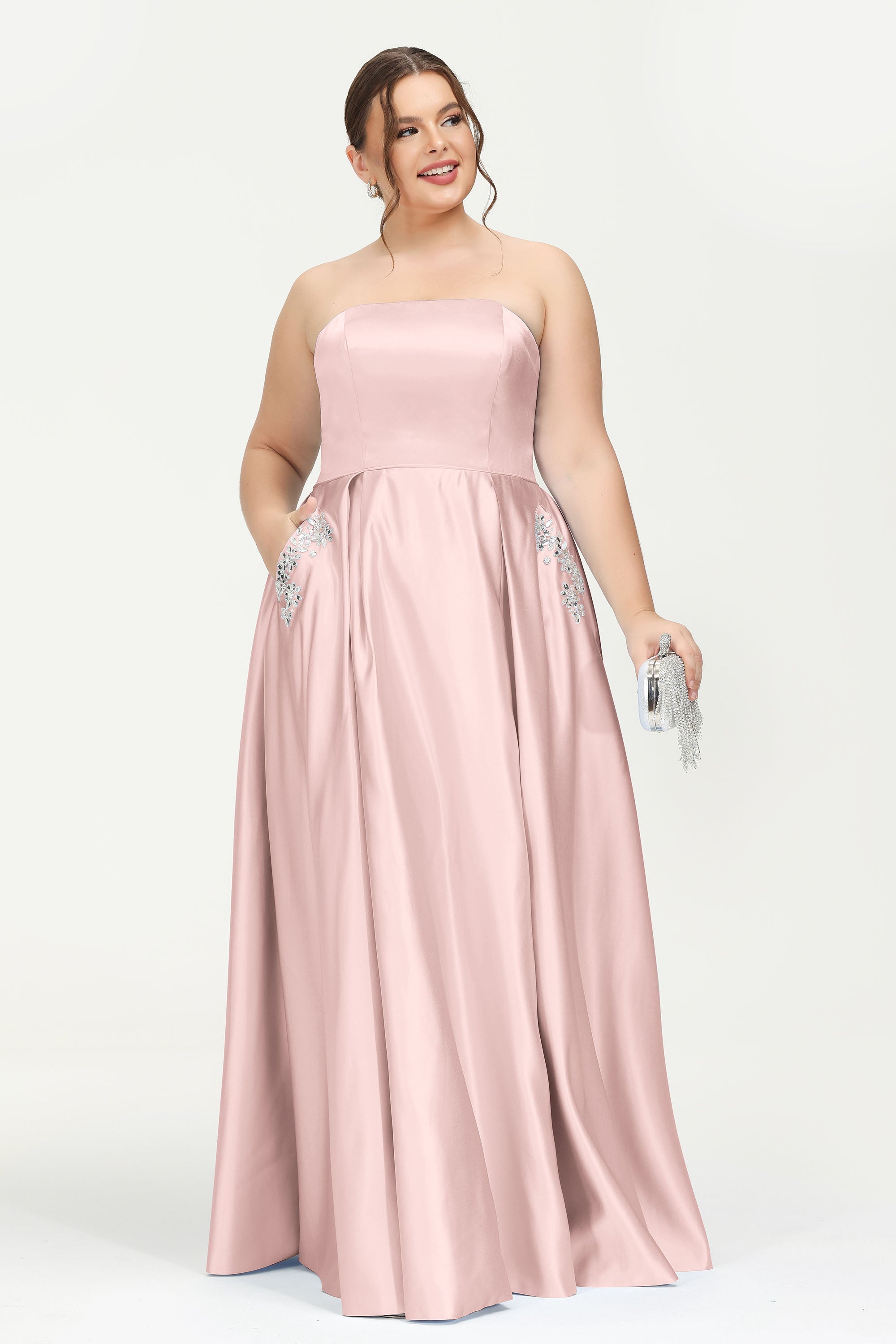 Strapless Satin A Line Princess Dress Rhinestone Ruched Formal Evening Prom Party Dresses