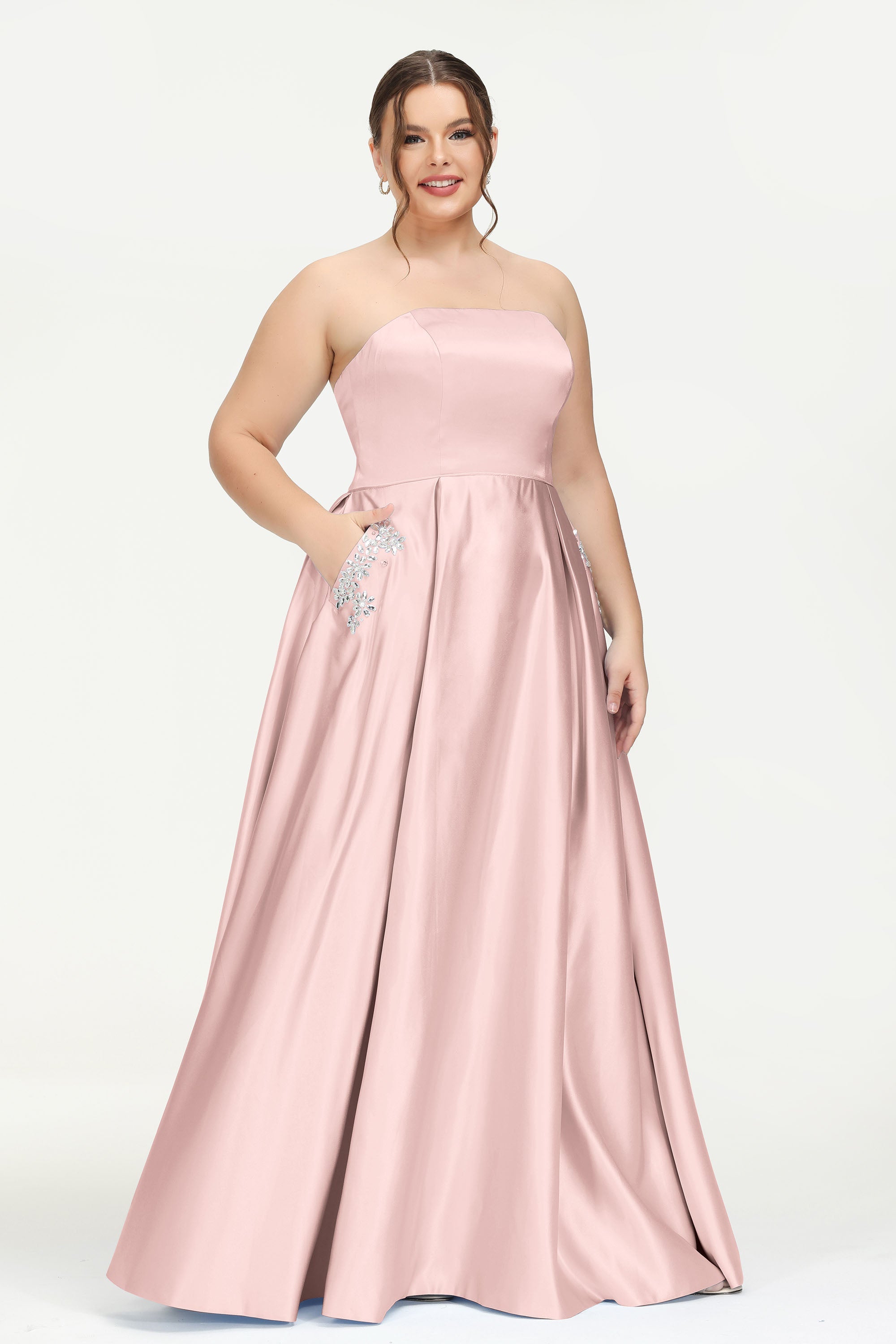 Strapless Satin A Line Princess Dress Rhinestone Ruched Formal Evening Prom Party Dresses