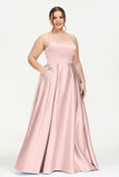 Strapless Satin A Line Princess Dress Rhinestone Ruched Formal Evening Prom Party Dresses