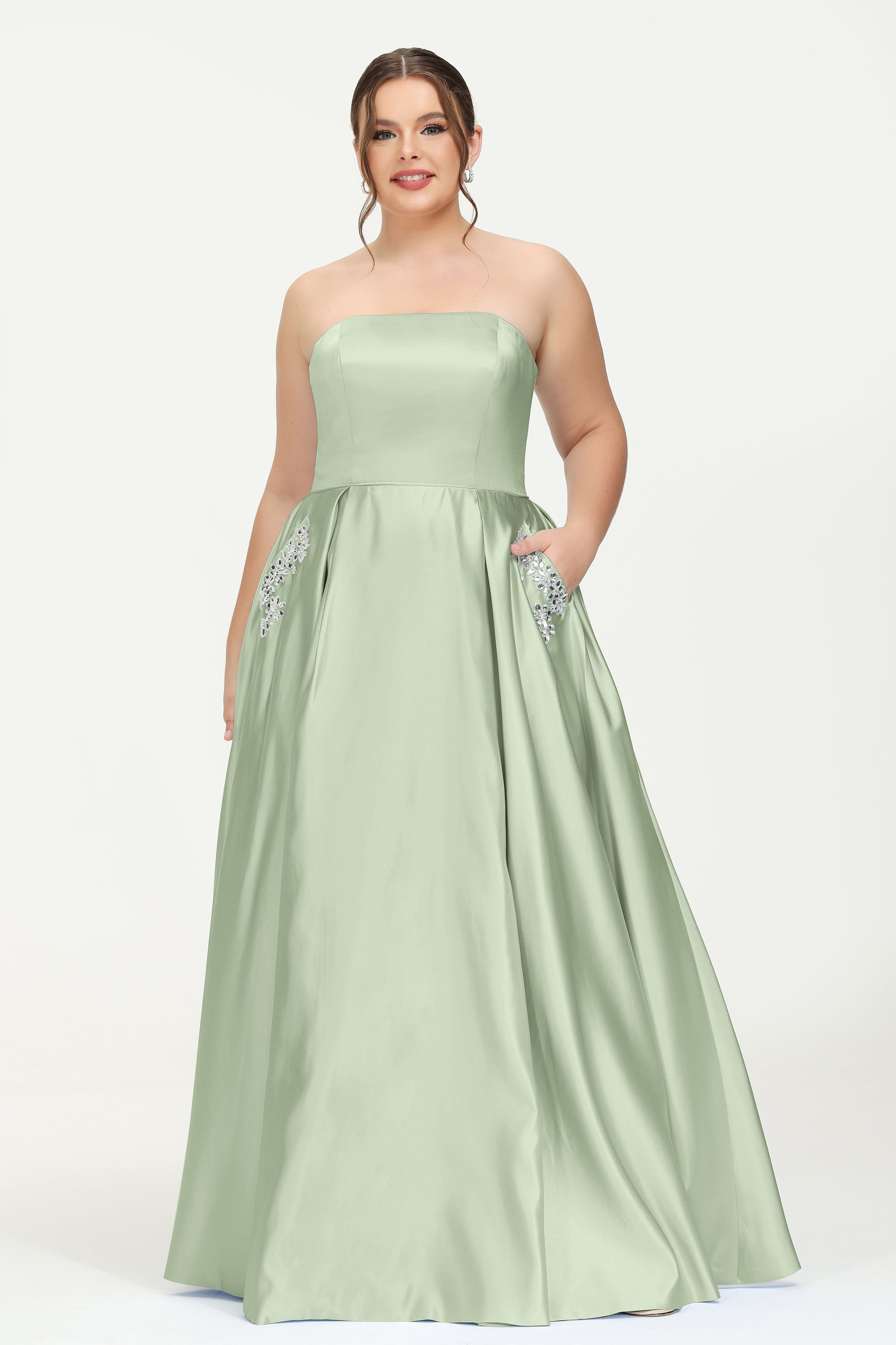 Strapless Satin A Line Princess Dress Rhinestone Ruched Formal Evening Prom Party Dresses