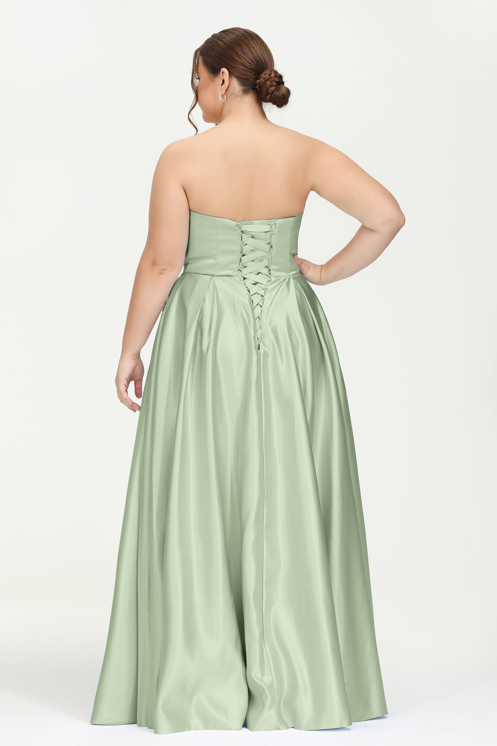 Strapless Satin A Line Princess Dress Rhinestone Ruched Formal Evening Prom Party Dresses