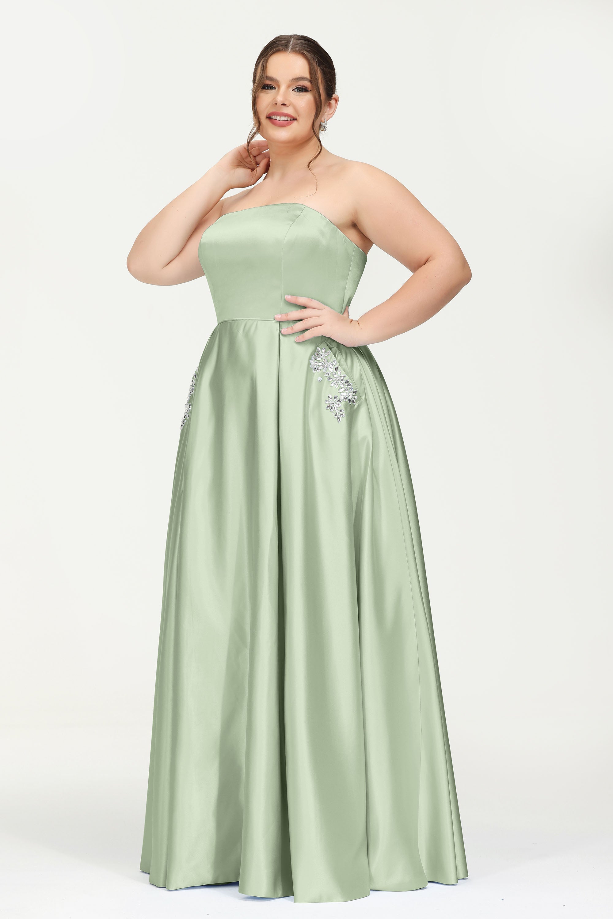 Strapless Satin A Line Princess Dress Rhinestone Ruched Formal Evening Prom Party Dresses