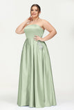 Strapless Satin A Line Princess Dress Rhinestone Ruched Formal Evening Prom Party Dresses