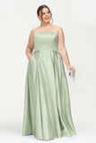 Strapless Satin A Line Princess Dress Rhinestone Ruched Formal Evening Prom Party Dresses