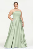 Strapless Satin A Line Princess Dress Rhinestone Ruched Formal Evening Prom Party Dresses
